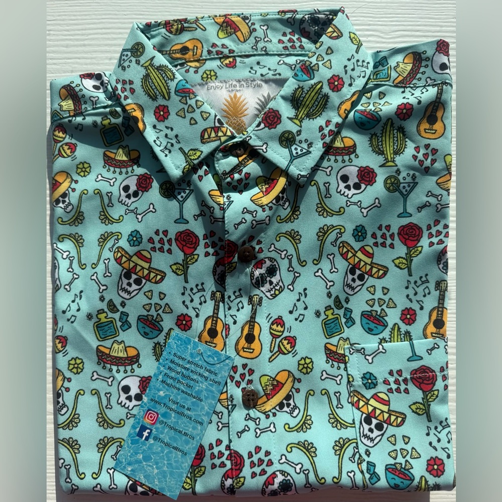 Men's Patterned Sugar Skull Button Down Shirt - Multicolor